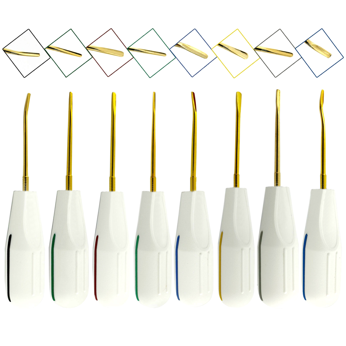 Picture of Dental Luxating Elevators Set of 8 White Plastic Handle Gold Tips